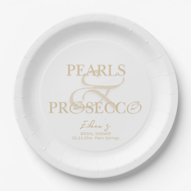 Ampersand Weiße Perlen & Prosecco Brautparty Pappteller (Vorderseite)