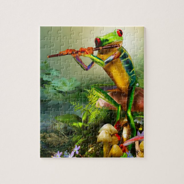 Amphibie, Frosch, die Flöte spielend, Puzzlespiel (Vertikal)