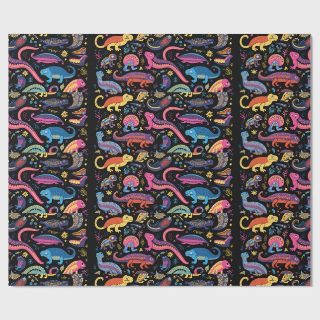 Amphibien in fantasievollen Farben auf schwarz Geschenkpapier (Flach)