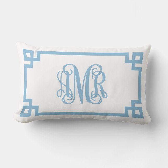 AMR Sky Blue Greek Key Script Monogram Lendenkissen (Vorderseite)
