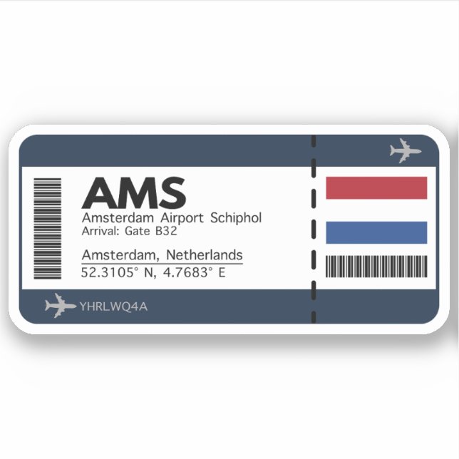 AMS Amsterdam Boarding Pass - Airport Ticket Aufkleber (Vorderseite)
