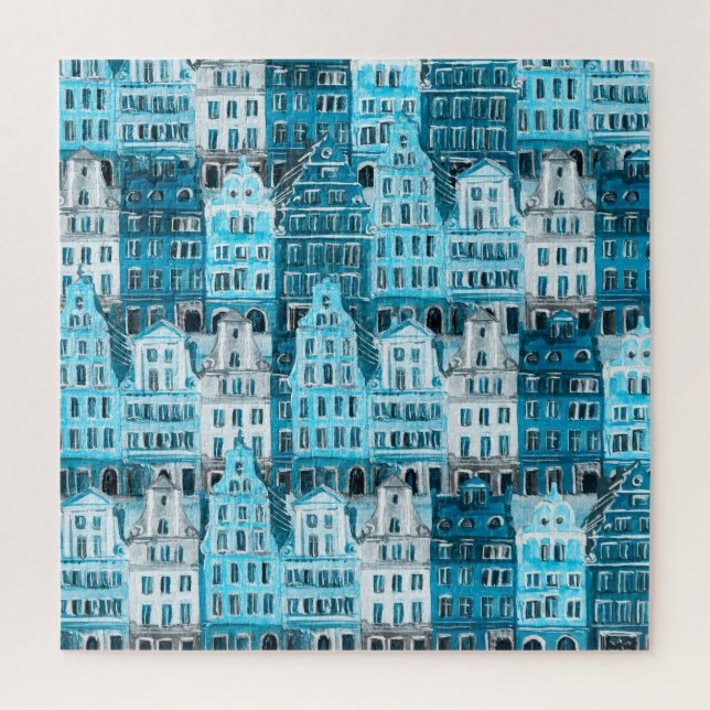 Amsterdam Architektur, blaue Aquarelltextur. (Vertikal)