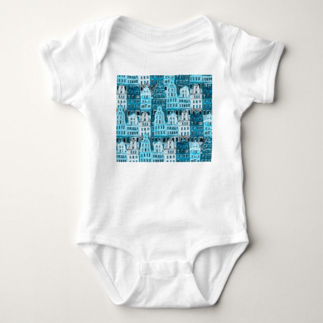 Amsterdam Architektur, blaue Aquarelltextur. Baby Strampler (Vorderseite)