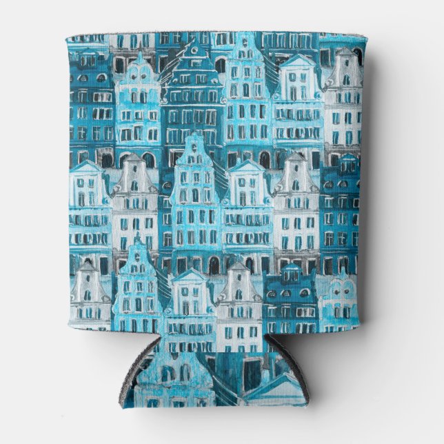 Amsterdam Architektur, blaue Aquarelltextur. Dosenkühler (Vorderseite)