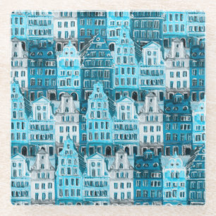 Amsterdam-Architektur, blaue Aquarelltextur. Glasuntersetzer