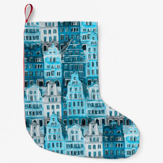 Amsterdam Architektur, blaue Aquarelltextur. Kleiner Weihnachtsstrumpf