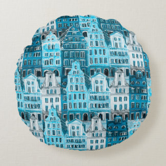 Amsterdam Architektur, blaue Aquarelltextur. Rundes Kissen