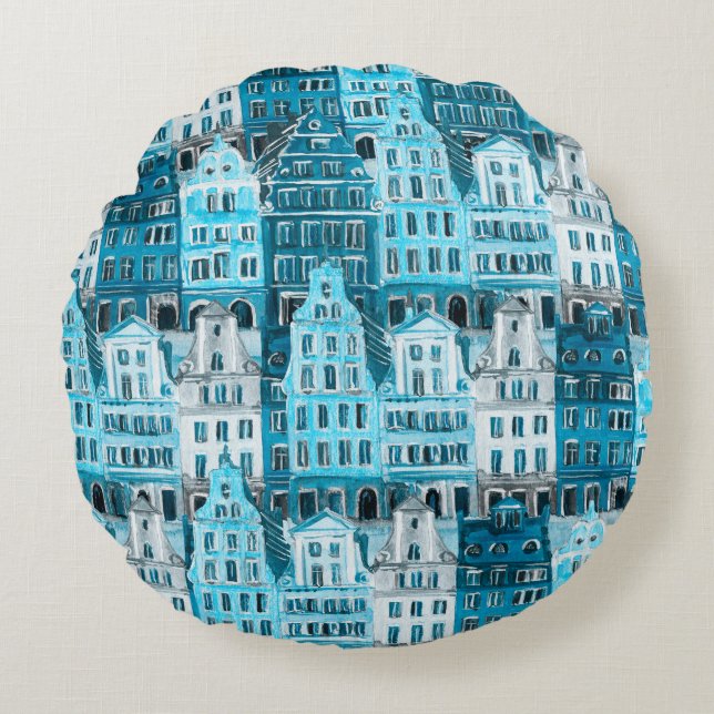 Amsterdam Architektur, blaue Aquarelltextur. Rundes Kissen (Vorderseite)