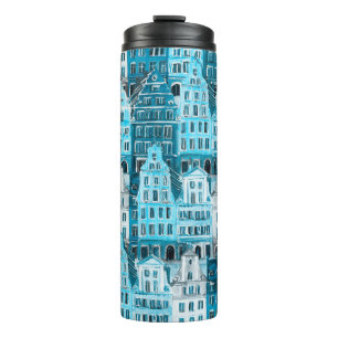 Amsterdam Architektur, blaue Aquarelltextur. Thermosbecher