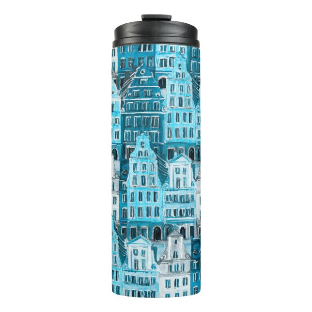 Amsterdam Architektur, blaue Aquarelltextur. Thermosbecher (Vorderseite)