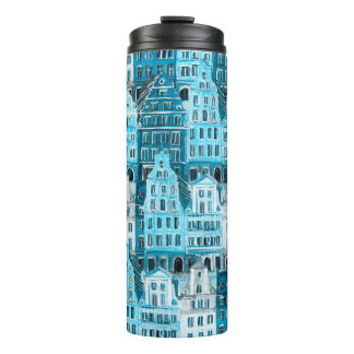 Amsterdam Architektur, blaue Aquarelltextur. Thermosbecher