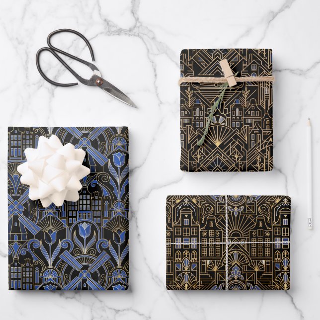 Amsterdam Art Deco | Canal Houses & Windmills Geschenkpapier Set (Vorderseite)