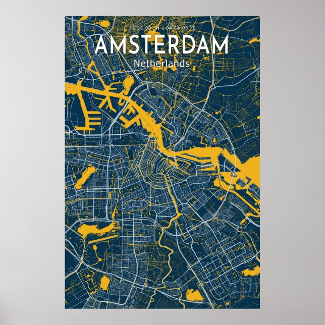 Amsterdam Blue Map Poster, Amsterdam City Blue Map Poster (Vorne)