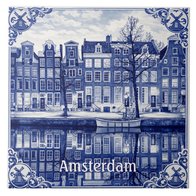 Amsterdam canal Delft Blue style Ceramic Tile Fliese (Vorderseite)