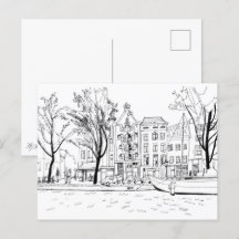 Amsterdam Canal Houses Black and White Sketch