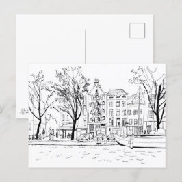 Amsterdam Canal Houses Black and White Sketch Postkarte