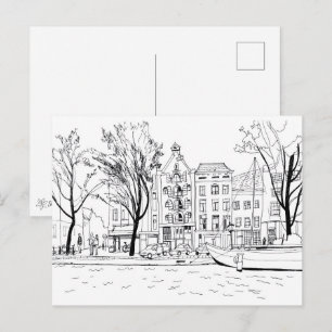 Amsterdam Canal Houses Black and White Sketch Postkarte