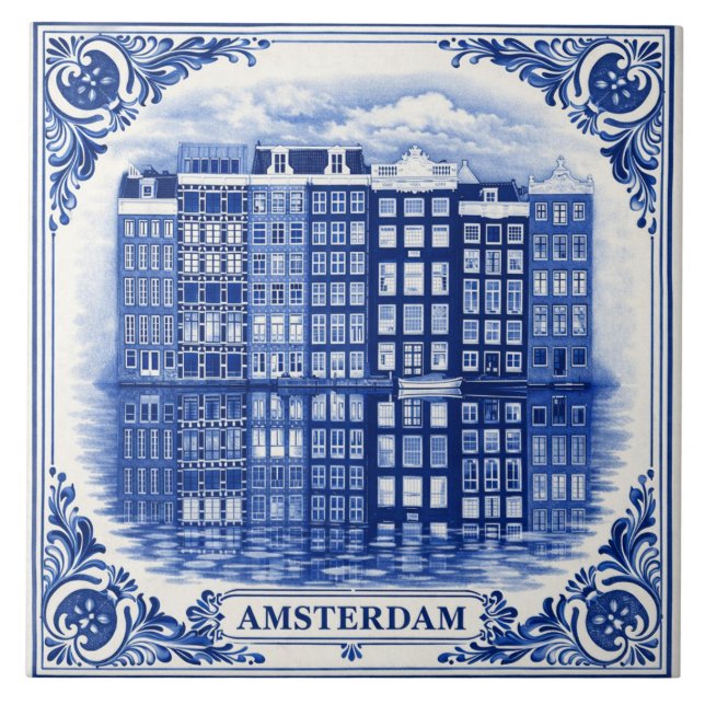 Amsterdam canal houses Delft Blue style tile Fliese (Vorderseite)
