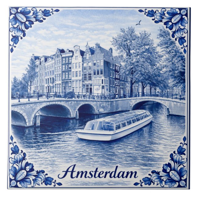 Amsterdam canal houses Delft Blue style tile Fliese (Vorderseite)