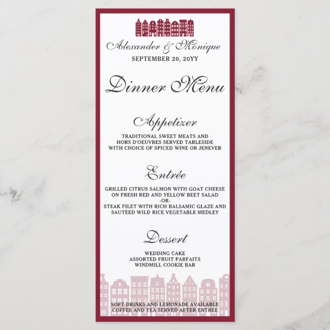 Amsterdam Canal Houses Dutch Wedding Dinner Menu Menükarte (Vorderseite)
