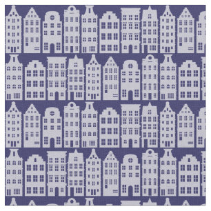 Amsterdam Canal Row Houses Cobalt Blue Pattern Stoff