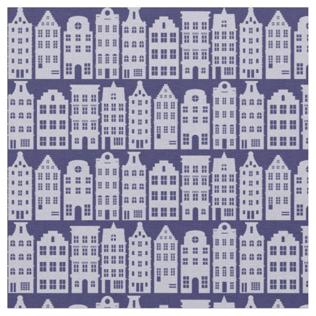 Amsterdam Canal Row Houses Cobalt Blue Pattern Stoff (Nahaufnahme)