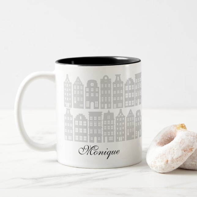 Amsterdam Canal Row Houses Personalisiert Silver Zweifarbige Tasse (Mit Donut)