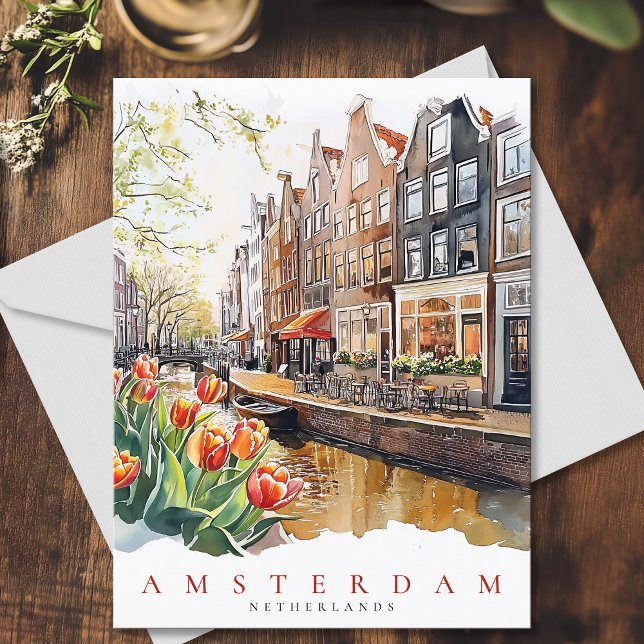 Amsterdam Canal Spring Time Watercolor Reisen Postkarte (Amsterdam Canal Spring Time Watercolor Travel Postcard)
