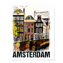 Amsterdam City Streets Vintage Travel Art
