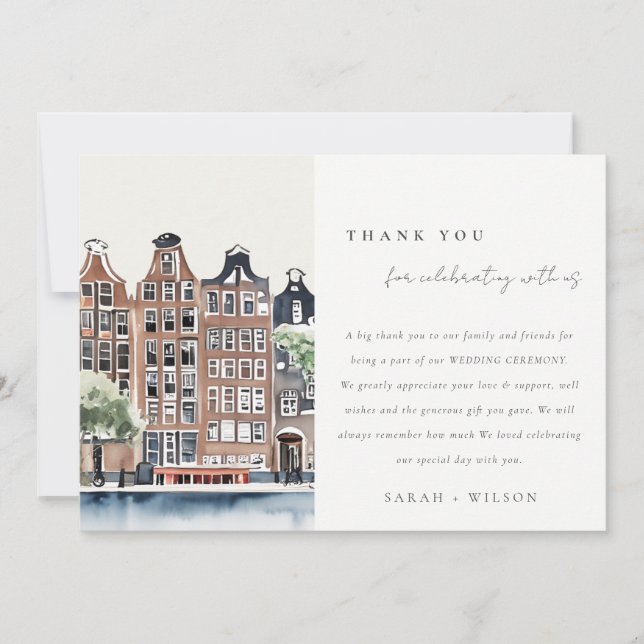 Amsterdam Dutch Canal Watercolor Landscape Wedding Dankeskarte (Vorderseite)