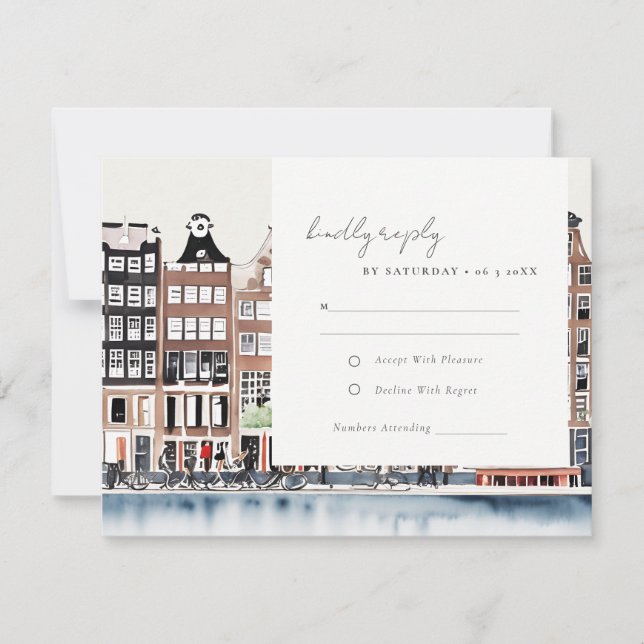 Amsterdam Dutch Canal Watercolor Landscape Wedding RSVP Karte (Vorderseite)