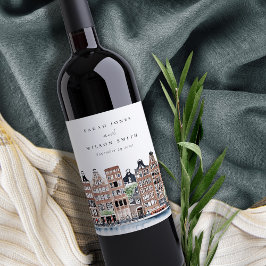 Amsterdam Dutch Canal Watercolor Landscape Wedding Weinetikett