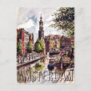 Amsterdam, Gebäude und Stadthafen. Vintage Postkarte