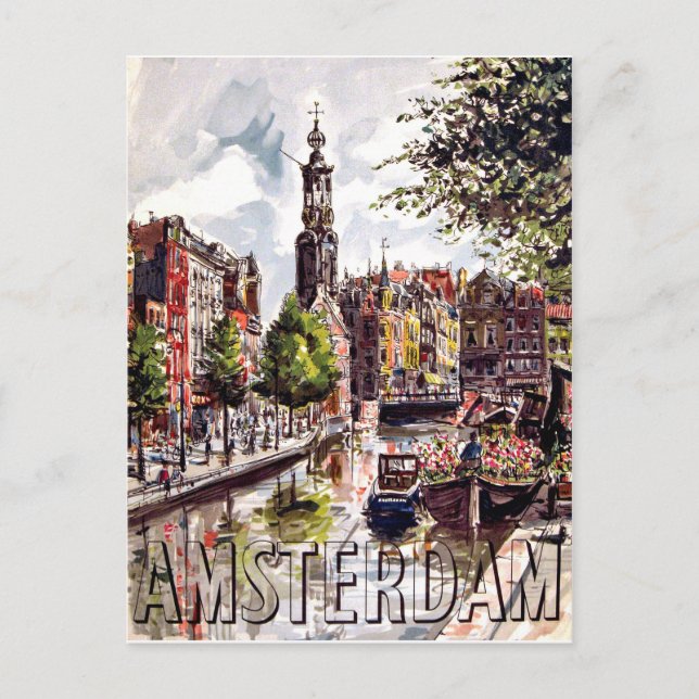 Amsterdam, Gebäude und Stadthafen. Vintage Postkarte (Vorderseite)