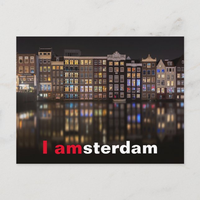 Amsterdam-Häuser mit bunten Lichtern in der Nacht Postkarte (Vorderseite)