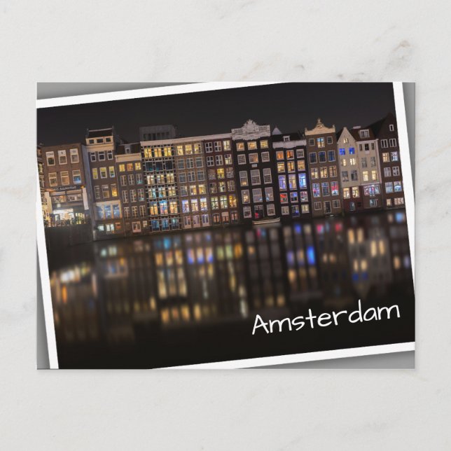 Amsterdam-Häuser mit bunten Lichtern in der Nacht Postkarte (Vorderseite)