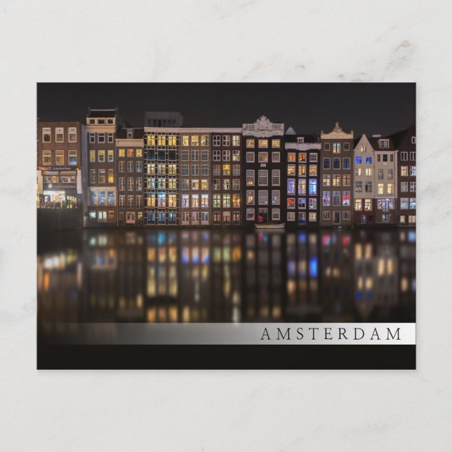 Amsterdam-Häuser mit bunten Lichtern in der Nacht Postkarte (Vorderseite)