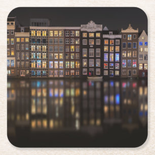 Amsterdam-Häuser mit bunten Lichtern in der Nacht Rechteckiger Pappuntersetzer