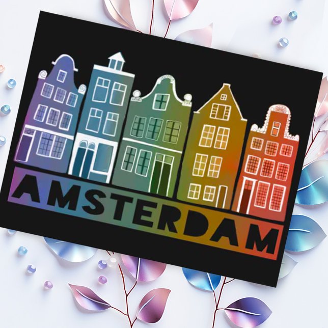 Amsterdam Holland Canal Houses Travel Colorful Postkarte (Colorful Amsterdam canal houses on black background. Customize with your own text)