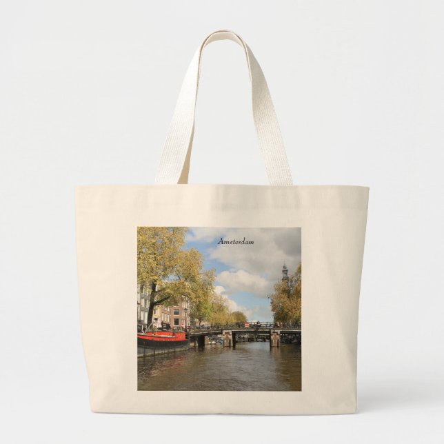 Amsterdam, Kanal, Brücke, Houseboat, Kirchenspitze Jumbo Stoffbeutel (Vorne)