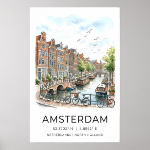 Amsterdam-Kanal-Kunstprint Wasserfarbe Häuser und Poster