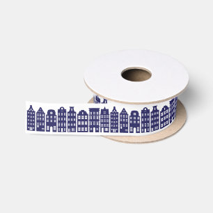 Amsterdam-Kanal-Reihen-Haus-Kobalt-Blau-Muster Satinband