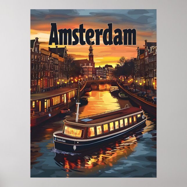 Amsterdam Kanal : Sonnenuntergang und Stadtlampen Poster (Vorne)