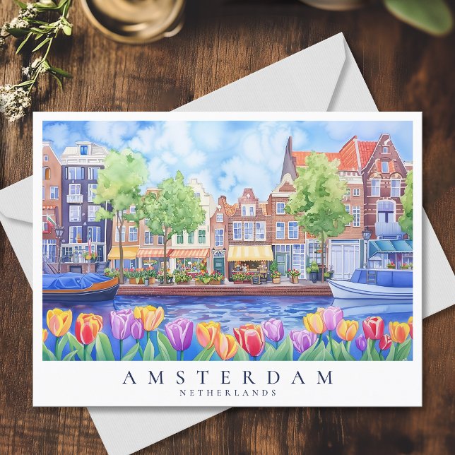 Amsterdam Kanal & Tulips Wasserfarbenreise Postkarte (Amsterdam Canal & Tulips Watercolor Travel Postcard)