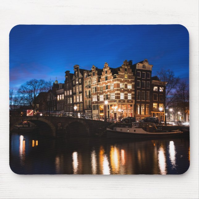 Amsterdam-Kanalhäuser nachts Mousepad (Vorne)