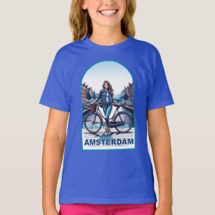 Amsterdam Mädchen mit Fahrrad auf Brücke T-Shirt