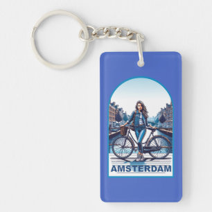Amsterdam-Mädchen mit Fahrrad auf der Brücke Schlüsselanhänger