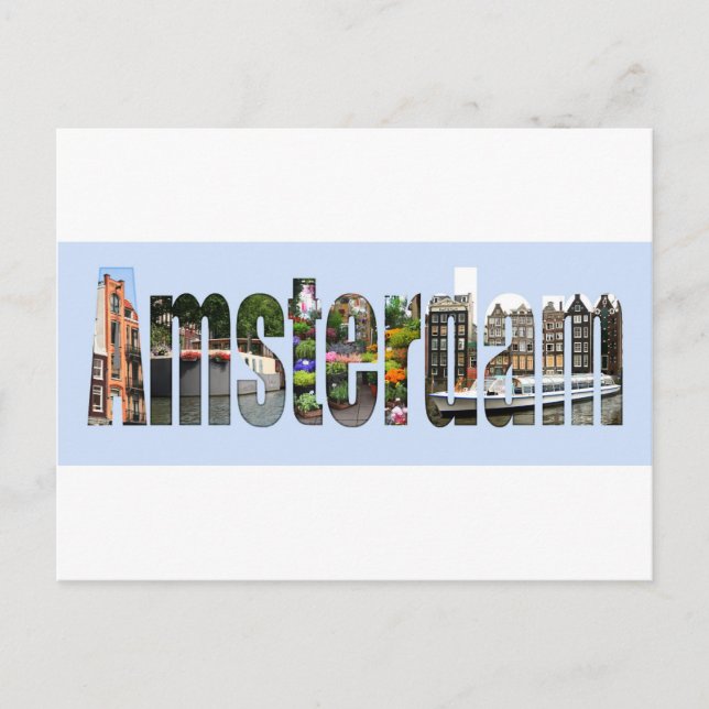 Amsterdam mit touristischen Sehenswürdigkeiten in  Postkarte (Vorderseite)