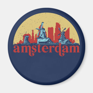 Amsterdam Netherlands Retro City Skyline Cityscape Magnet