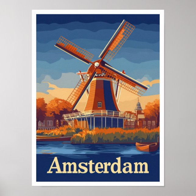 Amsterdam Netherlands Vintage Travel Illustration Poster (Vorne)